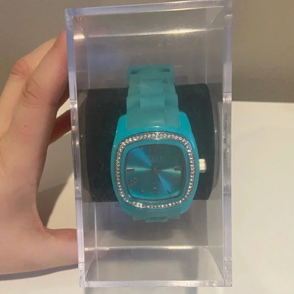 TKO Square Face Watch with‎ Silicone and Rhinestones Aqua Blue EUC